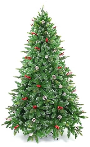 7ft/210cm Snowy Tips Artificial Christmas Tree with Berries, Frosted Cones, Stockholm Pine Luxury Natural Looking Flocked Tips, Hinged Bushy Branches, Metal Stand - Xmas Home Holiday Decorations