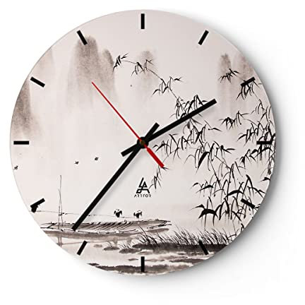 Modern Wanduhr Bambus schwarz China 40x40cm Rund Groß Wand Uhr Glas Analog Zimmeruhren Küche Büro Wohnzimmer Glasuhr Wall Clock Dekoration Design Wanddekoration Küchenuhr C3AR40x40-3116