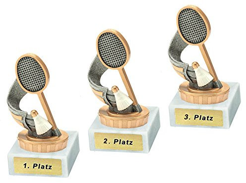 RaRu 3 Badminton/Federball-Pokale mit Wunschgravur und Resin-Klebefigur
