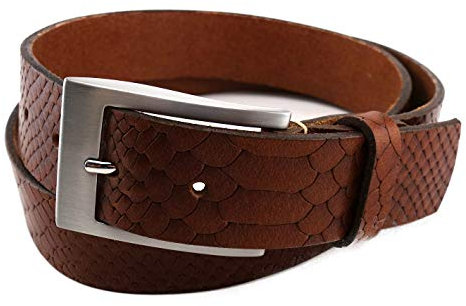 TigerTie - hochwertiger Herren Wasserbüffelledergürtel (Vollleder) in braun mit Kroko-Optik, Schnalle in Silber, Gürtel ist kürzbar - 35 mm breit, Bundweite 100 cm