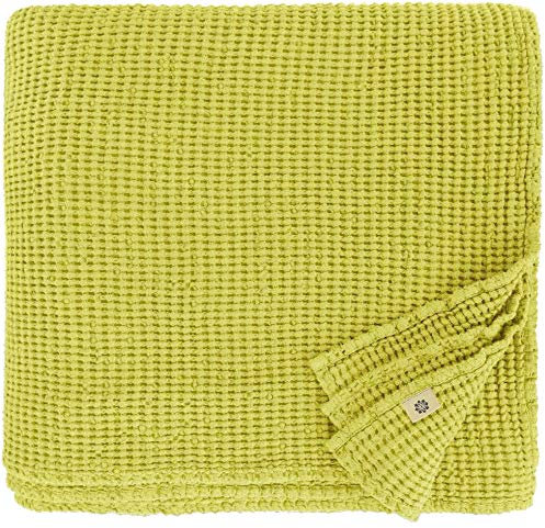 Linen & Cotton Plaid Decke Sommer Tagesdecke Waffelpique Enzo - 48% Leinen, 52% Baumwolle, Gelb (150 x 210 cm) Leinendecke Baumwolldecke Wohndecke Blanket Waffel Überwurf Bett Bettwäsche Bettüberwurf