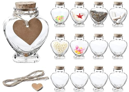 WHOLE HOUSEWARES | Heart Jar Shaped Glass Favor Jars with Cork Lids | Set of 12 | 5oz Glass Wish Bottles with Personalized Heart Shaped Label Tags and String (12)