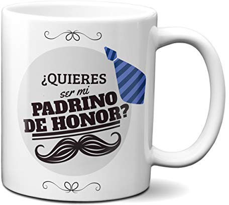 Planetacase - Taza Desayuno Regalo Boda - ¿Quieres Ser Mi Padrino de Honor? - Cerámica 330 mL - Apta Microondas y Lavavajillas, Blanco, Cerámica