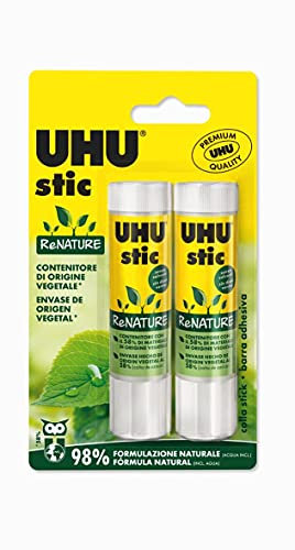 UHU Stic ReNature 2 x 21 g colle naturelle avec tube bio plastique, colle pour enfants, sûre à utiliser pour les travaux manuels, convient pour l'école, le bureau, l'université