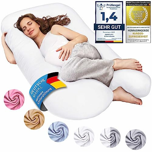 SMOOTHY Schwangerschaftskissen, Seitenschläferkissen, Lagerungskissen, Baby-Kissen & Stillkissen in U-Form mit abnehmbarem & waschbarem Bezug aus 100% Baumwolle (Junior XL, 120 x 70 cm, Weiß)