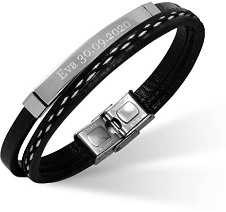 Hanessa Personalisiertes Armband mit Gravur für Männer und Frauen Edelstahl Leder schwarz weiß Silber Länge 21 cm | Personalisierte Armbänder mit Namen Herren Damen