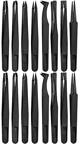 MMOBIEL Juego de 16 pinzas de precisión de plástico antiestático, pinzas con punta plana puntiaguda/puntas curvas, pinzas para electrónica, joyería, trabajos de laboratorio, color negro