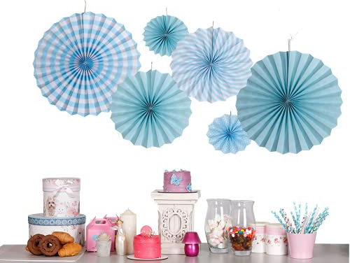 6pcs Paper Fan Decorations Party Hanging Ceiling Decorations Blue Birthday Colourful Christmas Halloween Birthday Valentine Baby Shower (Blue Shade)