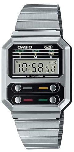 Casio Unisex Quartz Armbanduhr, 40.70mm Gehäusegröße mit Digital Dial digital Zifferblatt und Silber Metallarmband Armband A100WE-1AEF