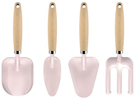ZYLLZY Gartenwerkzeug-Set, 4-teilig, robustes Gartenwerkzeug-Set mit breiter Schaufel, spitzer Schaufel, flacher Schaufel, Rechen mit Holzgriff, für Männer und Frauen, Outdoor, Garten, Rosa