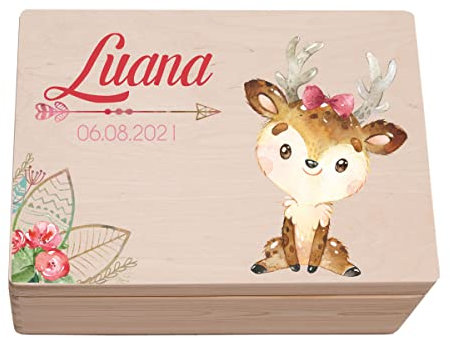 Hochzeitideal - Personalisierte Erinnerungskiste | Holzkiste Motiv Reh | Aufbewahrungskiste | Geschenkt Geburt | Erinnerungsbox Baby Taufe | Holzkiste für Kinder (XL (40x30x23 cm))