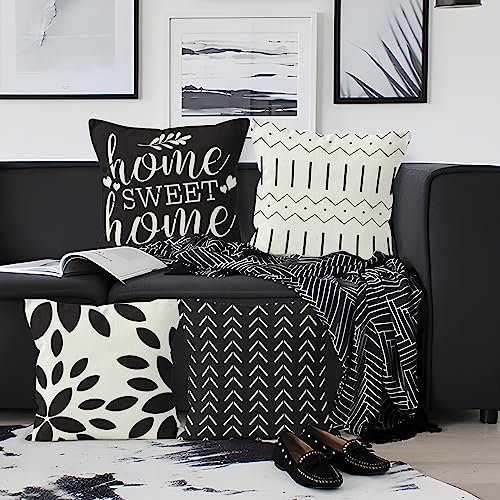 Aoihrraan Kissenbezüge 4er Set, Schwarz Weiß Geometrie Wurfkissenbezüge Sweet Home Minimalist Weicher Kurzer Plüsch Quadrat Kissenbezug für Sofa Couch Schlafzimmer Auto Stuhl Wohnkultur 45x45cm