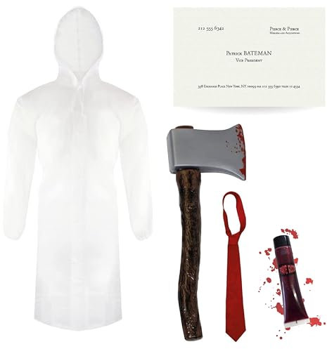 Disfraz de psicópata para adultos, XL, impermeable transparente, corbata roja, hacha falsa, tarjeta de visita y sangre falsa, disfraz de personaje de película de televisión psicoamericana para hombre