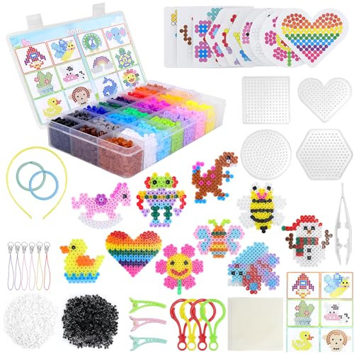 Higtok Bügelperlen Set 5mm, 24 Farben Steckperlen mit 4 Bügelperlen Platten, 4300 Bügelperlen Bastelset Kinder, Steckperlen Set für Geburtstag Weihnachten Geschenk Kinder DIY