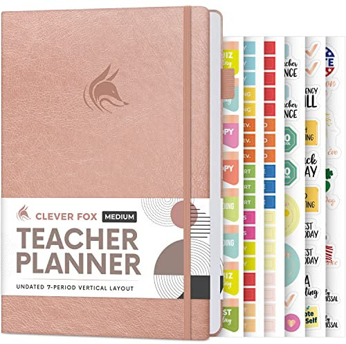 Clever Fox Lehrerplaner, Schuljahresplaner mit Kalendern und Unterrichtsplänen, Lehrerplan-Buch für Klassenzimmer und Heimschule, undatiert, A5-Größe, Hardcover (Roségold)