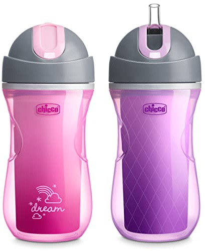 Chicco Tazza termica a doppia parete con cannuccia in silicone e coperchio antigoccia, 255 ml, lavabile in lavastoviglie, facile da tenere con rientranze ergonomiche, rosa sogno/viola, 2 pezzi, 12+