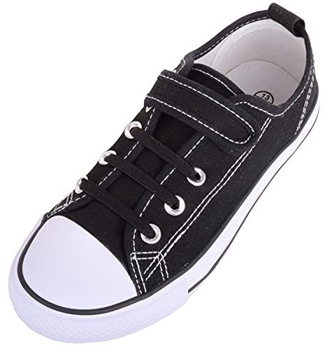 Unisex Kids Childrens Slip On Touch and Close Canvas Casual Pumps Shoes Trainers (Black, UK_footwear_size_system, big_kid, men, numeric, medium, numeric_3)