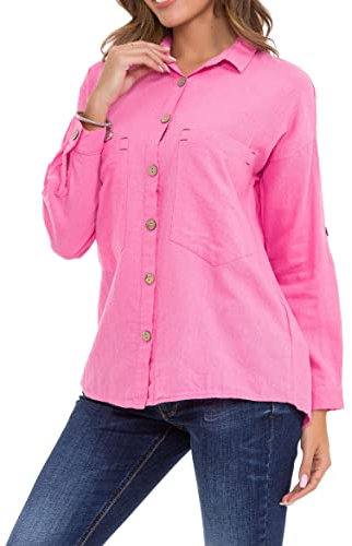 Cipo & Baxx Damen Hemd Holzknöpfe Langarm Leinen Baumwolle WH132 Rosa XL
