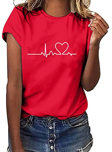 Tshirt Damen Lässige Elektrokardiogramm Druck Oberteile Herzschlagkurve Pullover T-shirt Einfarbiges Basic Shirt Rundhals Kurzarm Sommer Tops Lockere All-Match Tunika Bluse Laufshirt Sportshirt