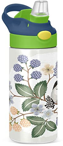 KAAVIYO Weißer Vogel Blumenbaum Bild Wasserflasche Edelstahl Isoliert Vakuumflasche Lecksichere Thermoskanne mit Stroh Bürstenbecher 350ml für Jungen Mädchen