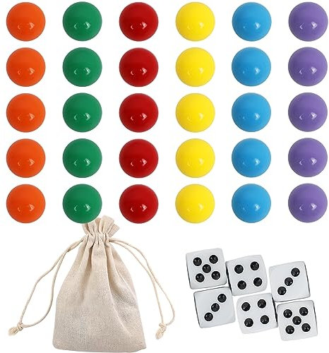 COMSREV Wahoo Brettspiel-Ersatzmurmeln, groß, 20 mm, 30 Stück, je 5 in 6 Farben, 6 Würfel und eine Spieltasche für Verschlimmerung, Wahoo Brettspiel