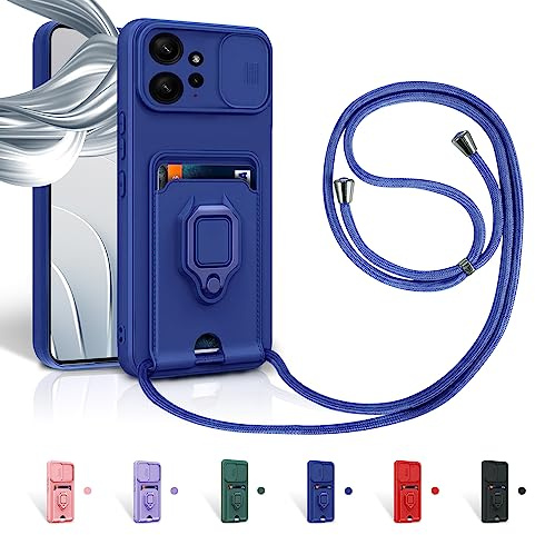Aithne Cordon de Coque pour Xiaomi Redmi Note 12 4G,Couvercle Coulissant de la Caméra+Support Annulaire à 360 Degrés,Fentes pour Cartes Lanyard Silicone Case -Bleu