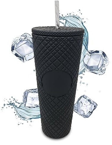 Nadia's Little Treasures Vaso de plástico con joyas – Taza fría de plástico de doble pared para café helado, agua, aguanieve o batidos, tu taza de cine en casa (negro mate)