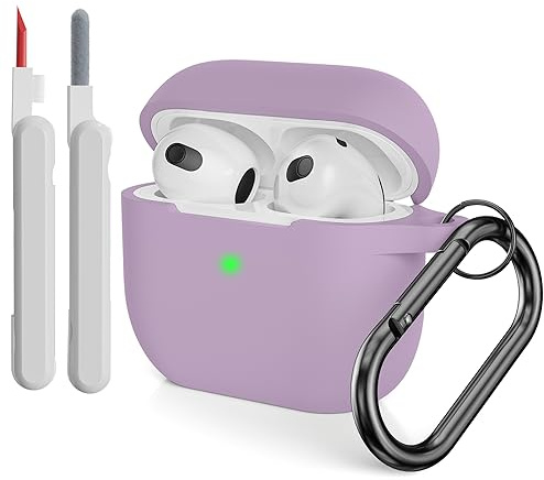 KOKOKA Silikonhülle Kompatibel mit AirPods 3 Hülle mit Reinigungsset und Schutzhülle für AirPods 3rd Generation Case, Stoßfeste Weiche Dünne Case für Airpods 3 Mit Karabiner, Lavendel