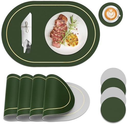 Placemats and Coaster Sets 4, Waterproof Washable Large Oval Table Mats, Heat- Resistant Dual-Sided Faux Leather Place Mats, Dining Table Decorations for Kitchen, Picnic, Kid(Gray Green)