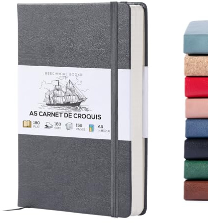 Beechmore Books A5 5.8x8.3 Mixed Media Sketchbook 160 GSM/98LB w/Gift Box | Hardcover Art Journal with Lay-Flat Binding, 156 Perforated Ivory Pages, Portable Size for Drawing, Ink & Light Watercolour