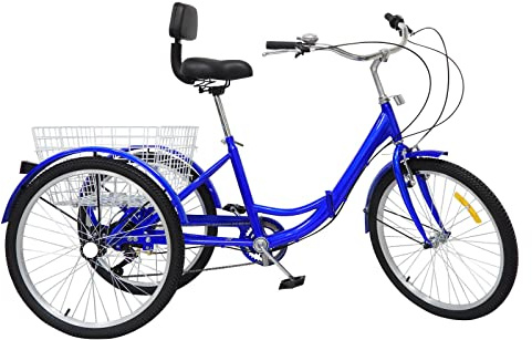 24 7-Gang 3RäDer Fahrrad Dreirad Erwachsene Tricycle FüR Klappbar Trike Korb RüCken Mit Einkaufskorb Senioren Tricyclemit Faltbares Manuelle Klingel äLtere Zusammenklappbares Faltbar DHL (Blau)