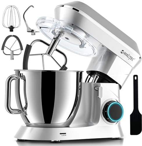 MalTec Planet Küchenmaschine | MaltecChef 2200W Knetmaschine | Rührhaken, Knethaken, Schneebesen, Spritzschutz | 6 Geschwindigkeiten und 4 Funktionen | Küchenroboter SILVER 6L