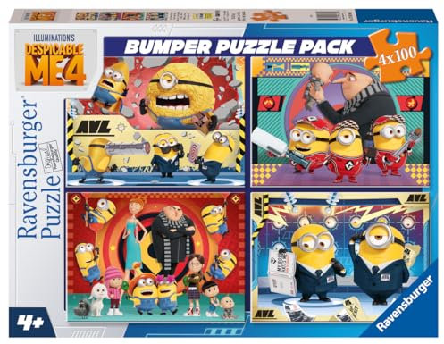 Ravensburger Minions Puzzle, Ich - Einfach unverbesserlich, Kinderpuzzle, 4 Puzzles mit 100 Teilen, 4 x 100 Bumper Puzzlepack, Puzzle für Kinder ab 5 Jahren, Puzzlegröße 36 x 26 cm