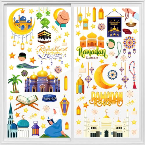 Ramadan Fensteraufkleber, 8 Blätter Eid Mubarak Fensterbilder, Ramadan Fensterdeko, Eid Mubarak Selbstklebend Sticker, Stern Halbmond Fenster Aufkleber, Ramadan Dekoration