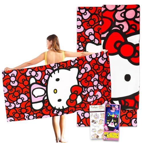 Hello Kitty Juego de toallas de playa – Paquete con toalla de piscina Hello Kitty de 27 x 54 pulgadas más calcomanías y más (toalla de baño Hello Kitty para niños y adultos)