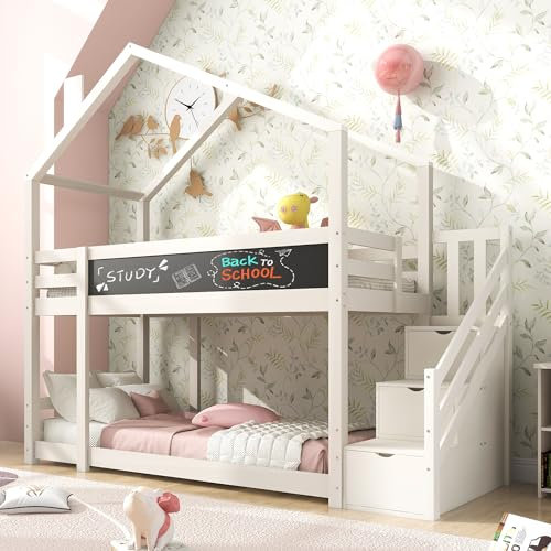 Letto per Bambini Casa sull'Albero 90x200, Scala con Contenitore, Protezione Anticaduta e Lavagna, Letto a Soppalco in Legno, Struttura Letto con Rete a Doghe in Legno, Bianco, senza Materasso