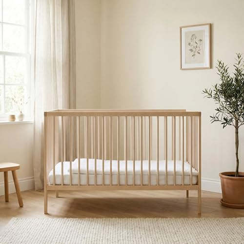 Mokee Cot Bed (0-5 years) - Space Saving Wooden Crib - Convertible Baby Bed, Adjustable Base, Converts to Toddler Bed - 6 colours and 2 sizes (120x60/140x70) (Beech, 124L x 64W x 84H cm)