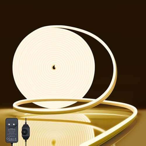 NELUX Striscia LED Neon 10 Metri da Esterno Impermeabile o Interno Cucina. Luce LED Strisce Alta Luminosità Dimmerabile Bianco Caldo Flessibile Sottopensile IP65. Include un Dimmer e Trasformatore 24V