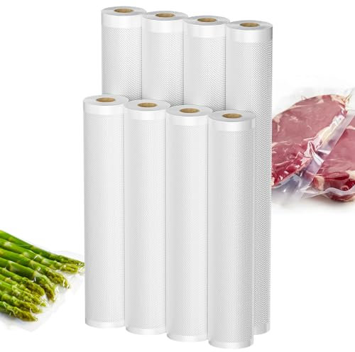 Pfloge® Sac Sous Vide Alimentaire, 8 Rouleau Sous Vide Alimentaire, 4 pcs 20 * 300cm & 4 pcs 28 * 300cm Sacs pour Appareil de Mise Sous Vide, Sans BPA, pour la Conservation des Aliments et la Cuisson