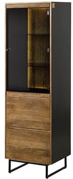 MASSIVMOEBEL24.DE Vitrine Mango/Altholz 56x47x180 schwarz/Natur lackiert Davis #40, Farbe:schwarz/Natur lackiert, Größe:56x47x180 cm (BxTxH)