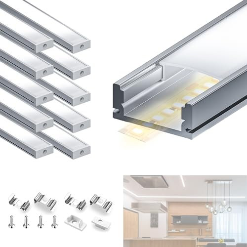 HOOLED Profilé Alu pour Ruban LED 1 m x 10 pièces, Profilé LED Encastrable Tailles 17,4 mm x 7 mm, Avec couvercle opaque mat en PC, Largeur maximale de la bande 12,4 mm