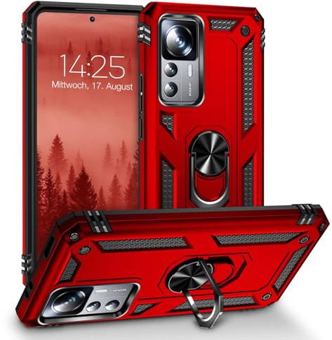 LBH Outdoor Hülle für Xiaomi 12T / 12T Pro Armor Militär Stoßfest Handyhülle 360 Grad Metal Ring Halter Ständer Schutzhülle für Handyhalterung Auto Magnet Rot
