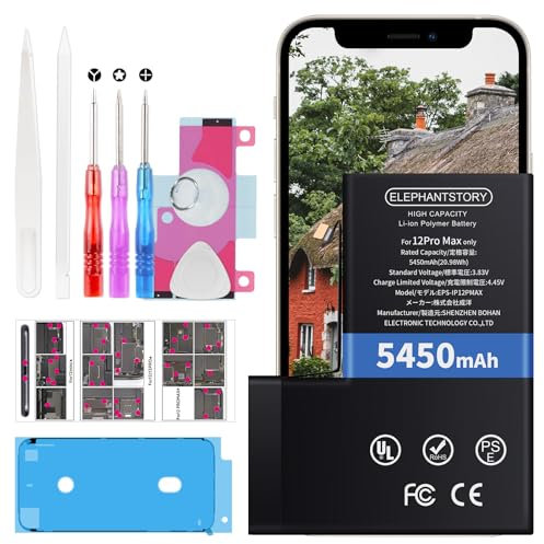 Elephantstory Akku für iPhone 12 Pro Max, 5450 mAh Hohe Kapazität Interner Ersatzakku 0 Zyklen Li-ion Polymer Akku mit Reparatur Werkzeugsatz und Anleitung Buch
