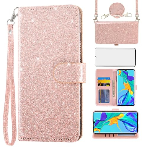 Asuwish Handyhülle für Huawei P30 Pro Hülle mit Band Schutzfolie Kartenfach Klappbar Glitzer Leder Geldbörse Ständer HuweiP30Pro Hawaii P 30 P30Pro VOG-L29 Handy Hüllen Schutzhülle Phone Case Roségold