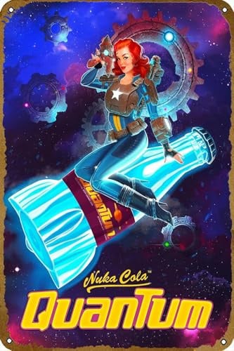 Nuka Cola Quantum Cartoon-Poster, Vintage-Metall-Blechschild, Malerei, Schild, lustige Kunst, Wanddekoration, Plakette für Zuhause, Bar, Pub, Club, Café, Dekoration, 20,3 x 30,5 cm