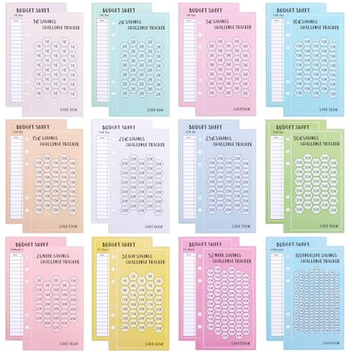 A6 Sparchallenge Budgetplaner (48er Set) - 8 Sparchallenges - Budget Planner Deutsch Zubehör - Spar Challenge Set mit 2€ | 5€ | 10€ | 20€ | 50€ | Kleingeld | 52 TAGE | 100 TAGE