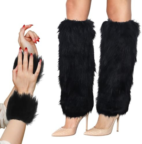 Furry Leg Warmers with Fluffy Wrist Warmers Set, Black Faux Fur Boot Covers Accessory for Ladies, Fluffy Leg Warmers Fuzzy Wrist Cuffs for Winter Party Christmas Costume (Black, One Size)