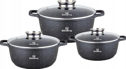 Klönberg Induktions-Topfset, Aluguss-Topf mit Antihaftbeschichtung, Topfset mit Glasdeckel für alle Herdarten, auch Induktionsherde (Schwarz, 6 tlg)