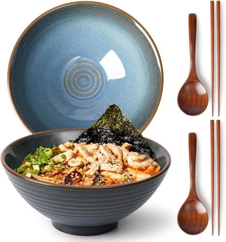 NUTRIUPS Juego de 2 cuencos de cerámica para ramen de 1200 ml con palillos y cucharas (azul océano)