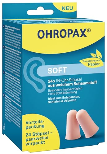 OHROPAX Soft Ohrstöpsel - 24 Stück Schaumstoff-Gehörschutz SNR 31 dB | Weiche Earplugs zum Schlafen, Arbeiten & Entspannen, unauffälliger Lärmschutz, nachhaltige Papierverpackung, hoher Komfort